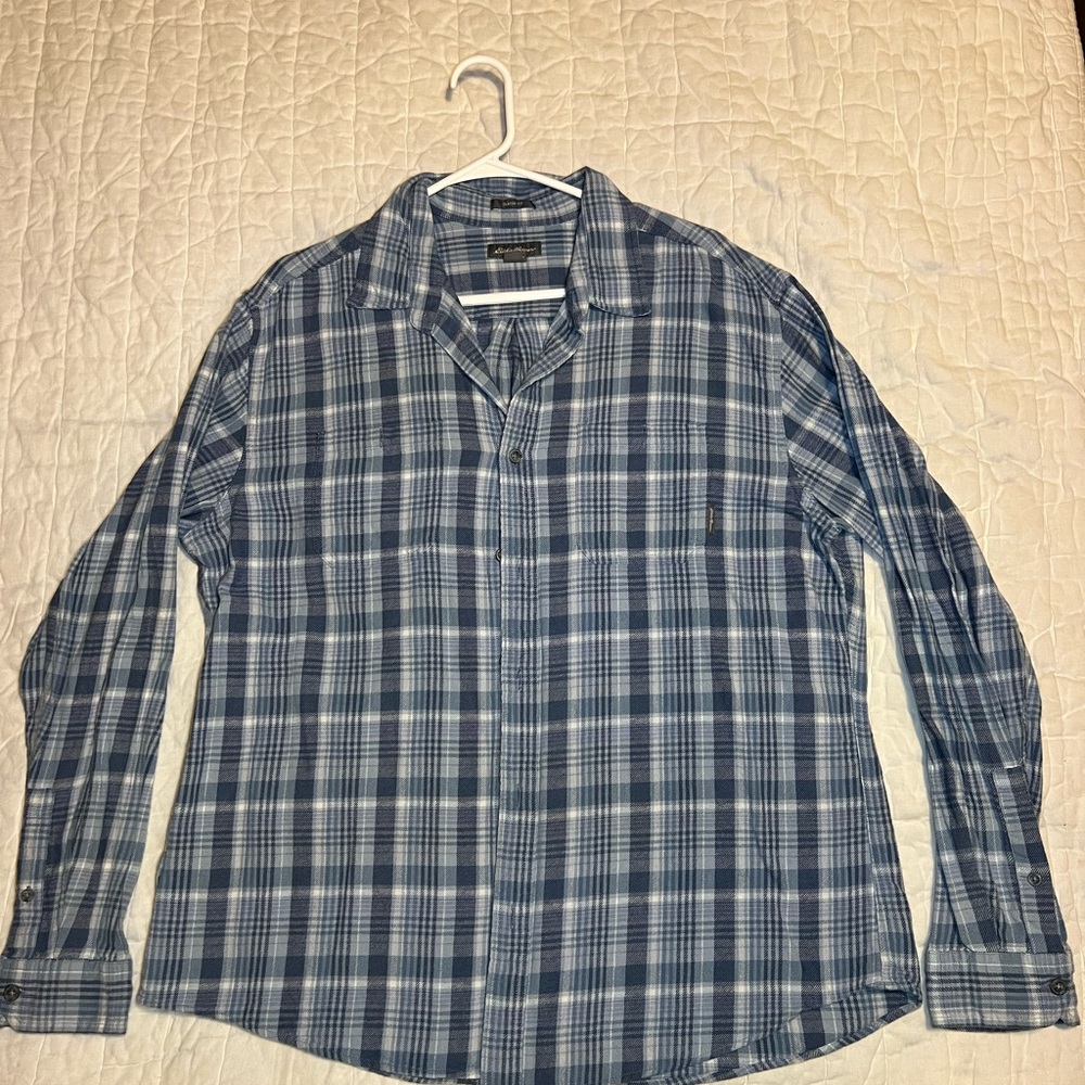 Eddie Bauer Plaid Button-Up Shirt Blue/White XL Long Sleeve Cotton Mens flannel